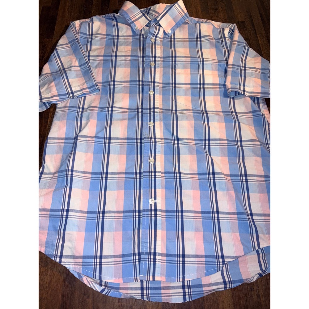 George Mens Classic Fit Short Sleeve Plaid Button Down Shirt Blue Pink Medium